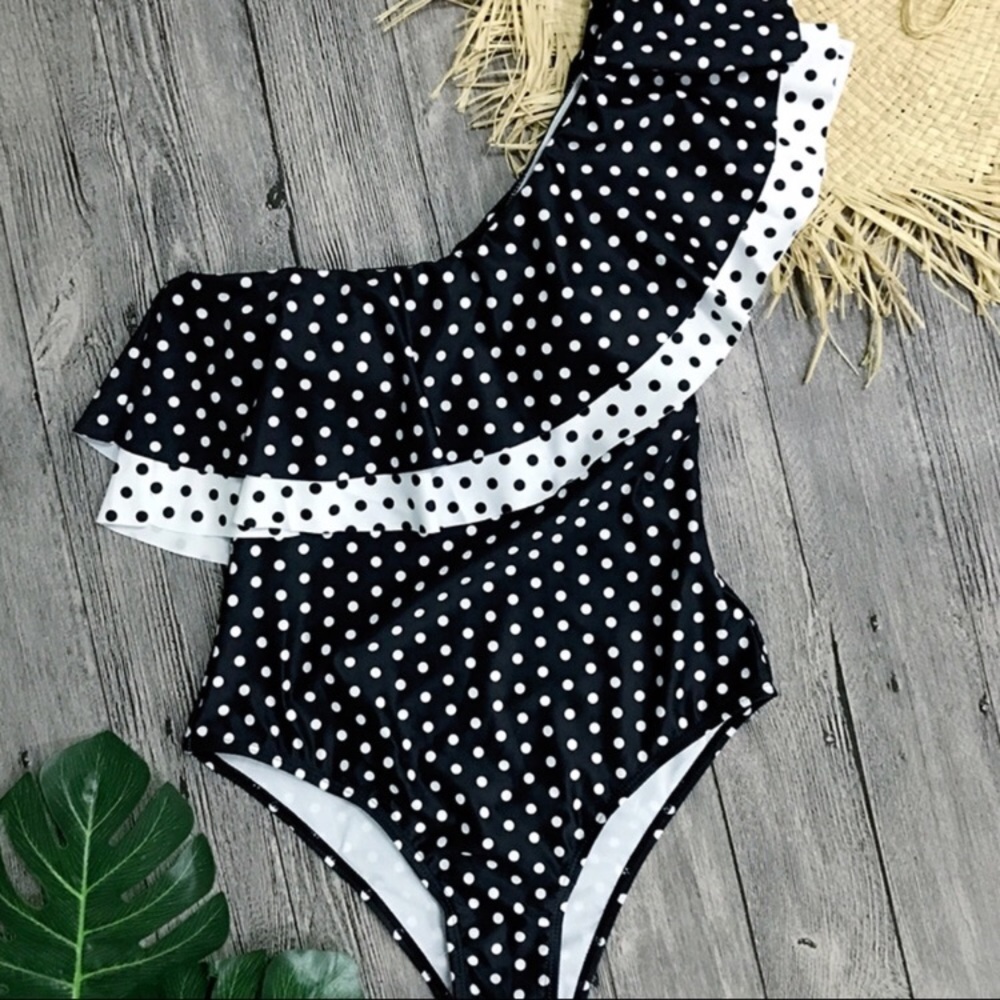 Last One! NWT One Shoulder - Polka Dot Swimsuit - Picture 3 of 3
